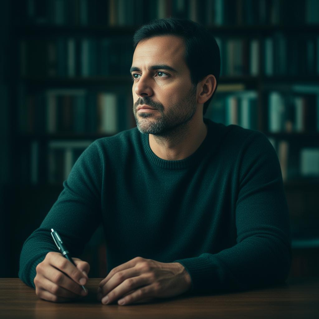 Retrato editorial de Raphael Andrade, pesquisador de saúde comportamental, em um ambiente de biblioteca.