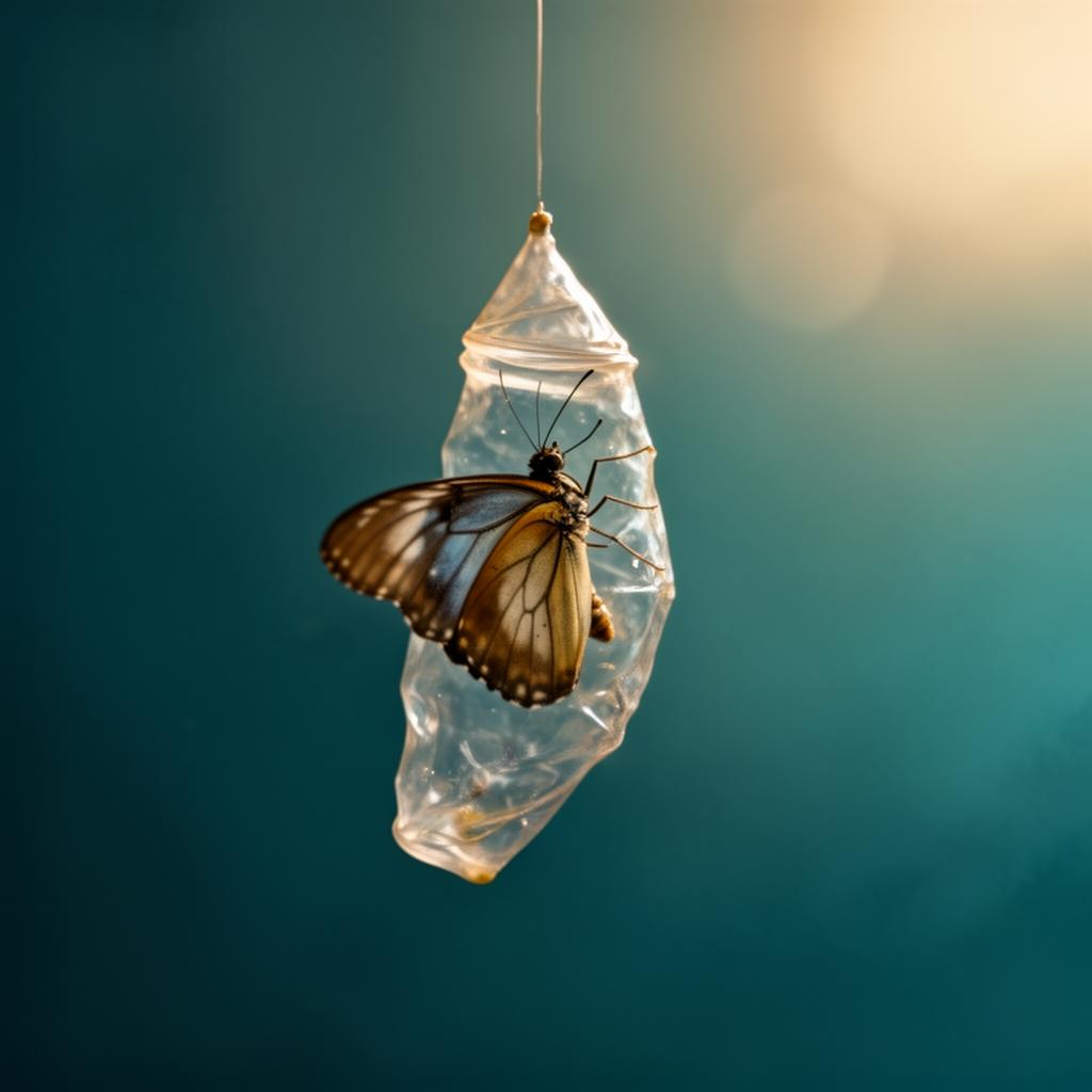 Borboleta emergindo de um casulo translúcido — representando a transformação ao mudar a relação com o corpo.