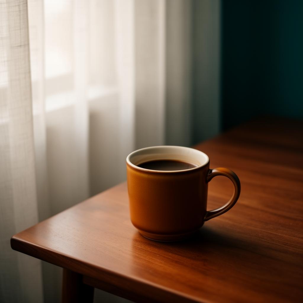 Xícara de café sobre uma mesa de madeira com luz suave da manhã — pequenos momentos cotidianos sem alerta constante.