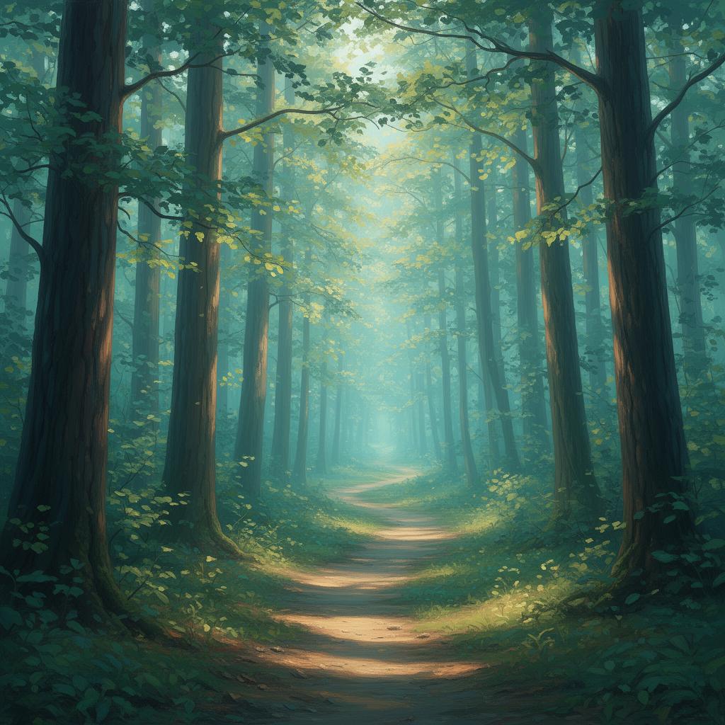 Caminho claro atravessando uma floresta luminosa com luz suave entre as árvores — representando a jornada guiada para sair do ciclo.